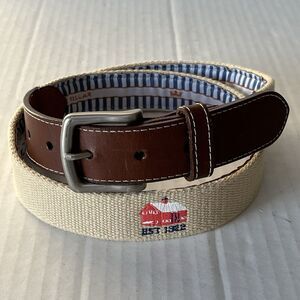 Peter Millar Canvas Golf Belt Needlepoint Red Classic Barn Logo 36 Made In USA